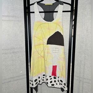 Heel Athens Lab White Grey Yellow Sleeveless Small Top Mini Dress Abstract Art
